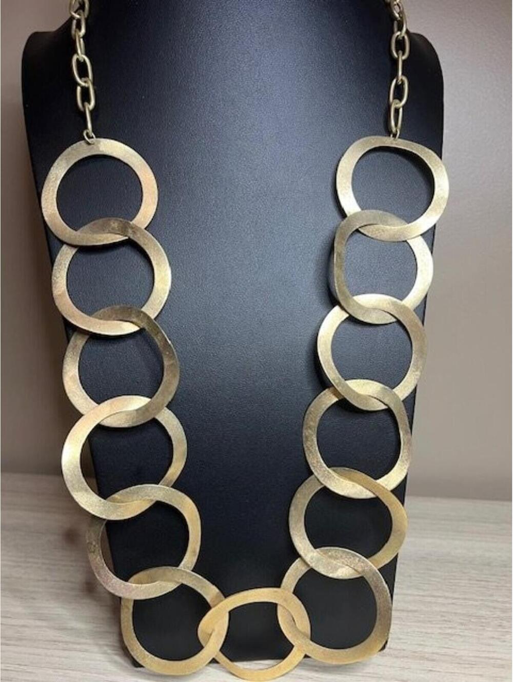 B4539 Sheila Fajl Statement Necklace Interlocking Rings Brushed Gold tone 32"